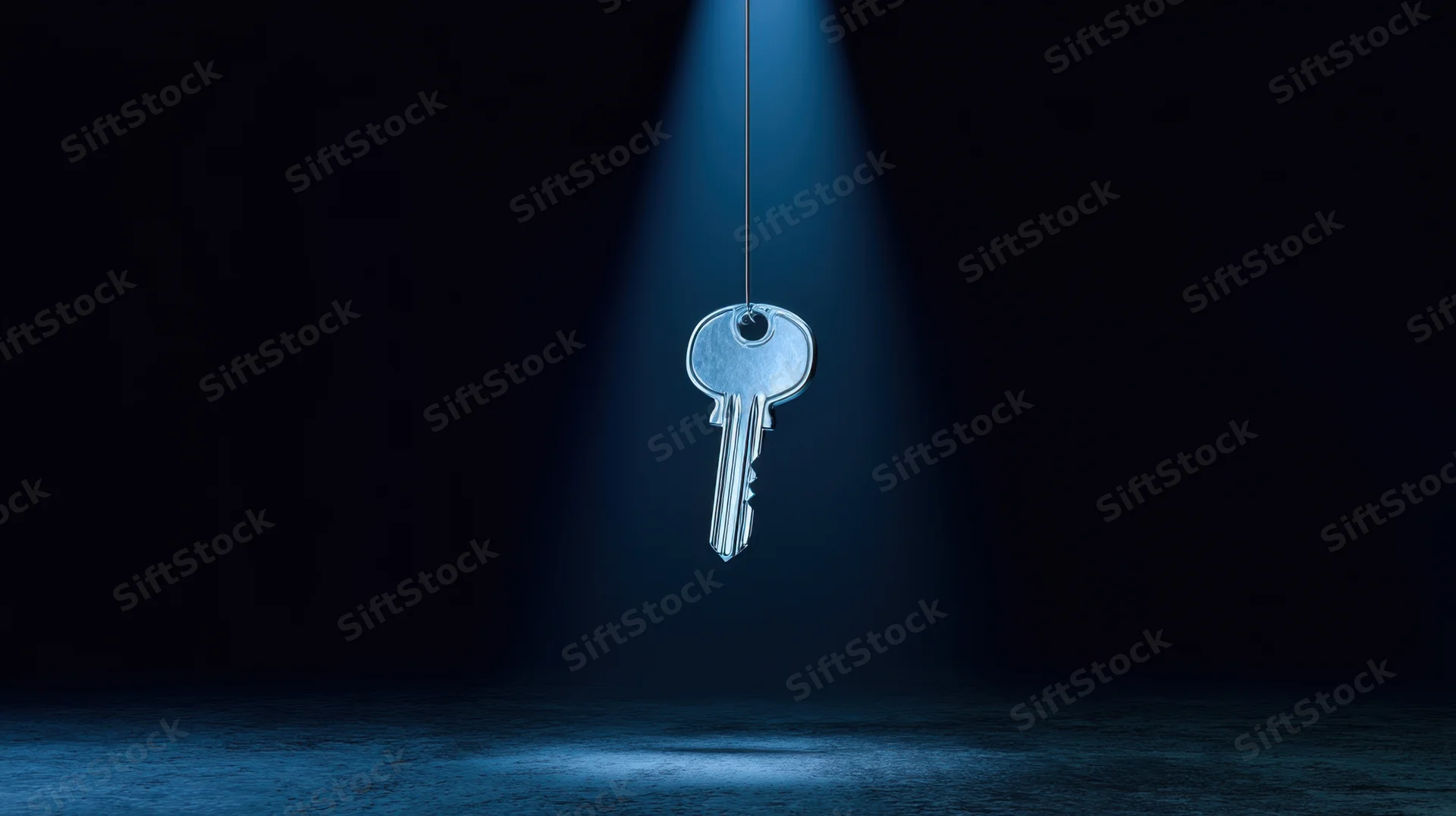 Metallic key hanging in spotlight against dark background