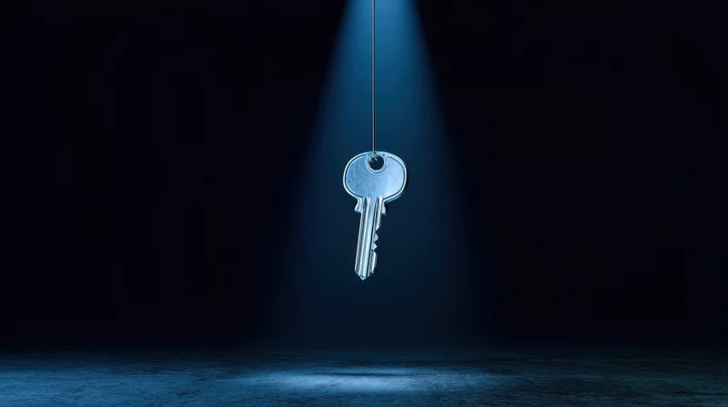 Metallic key hanging in spotlight against dark background