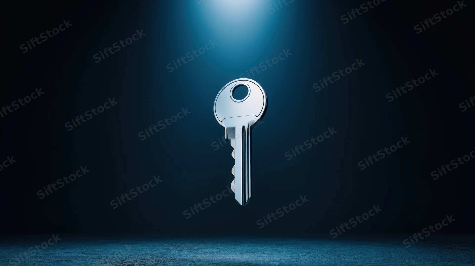Metallic key illuminated by spotlight against dark blue background