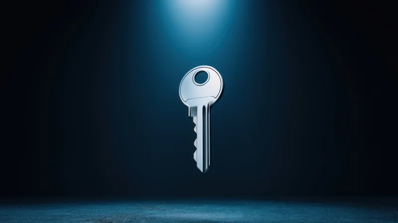 Metallic key illuminated by spotlight against dark blue background
