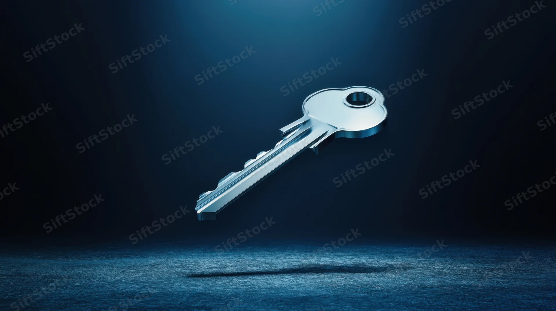 Metallic key floating in dark space under spotlight, casting shadow on textured surface