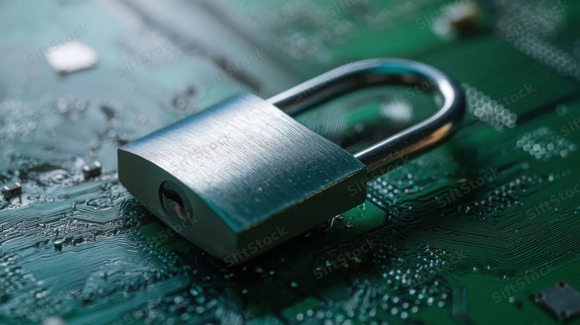 Metallic padlock resting on a green circuit board surface
