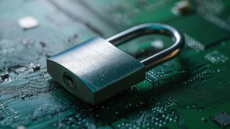 Metallic padlock resting on a green circuit board surface