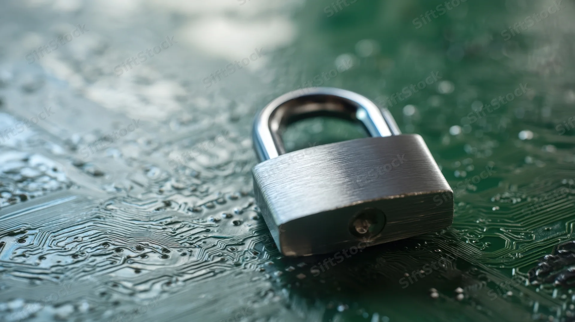 Metallic padlock resting on a green circuit board surface