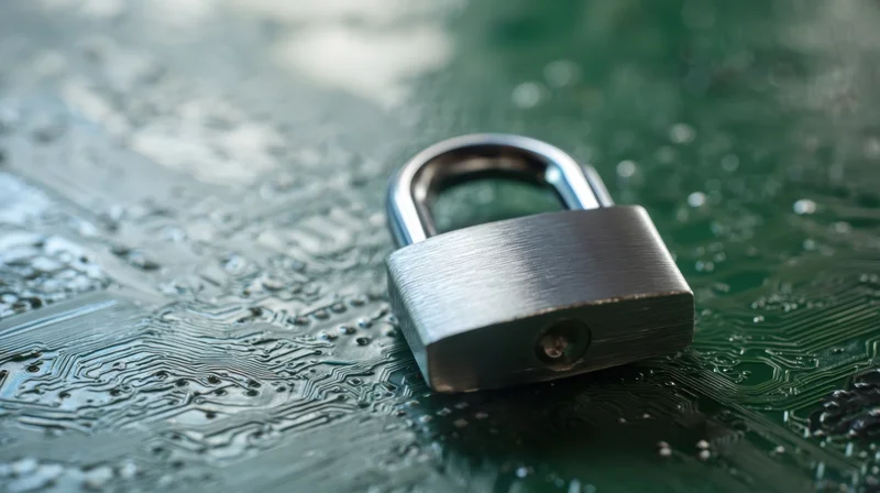 Metallic padlock resting on a green circuit board surface