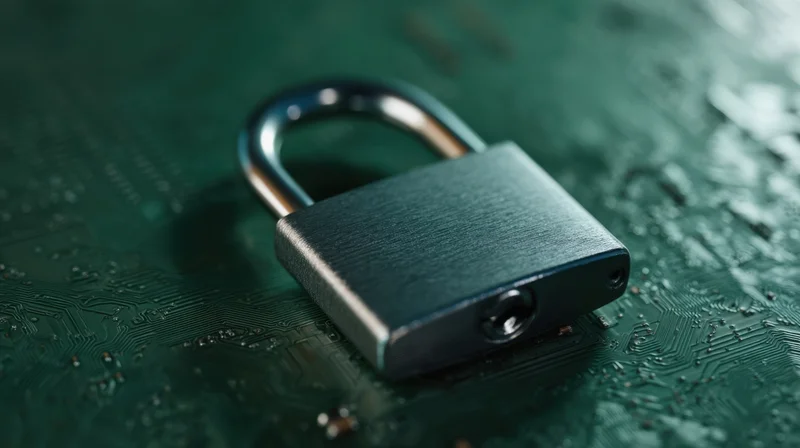 Metallic padlock resting on a green circuit board surface