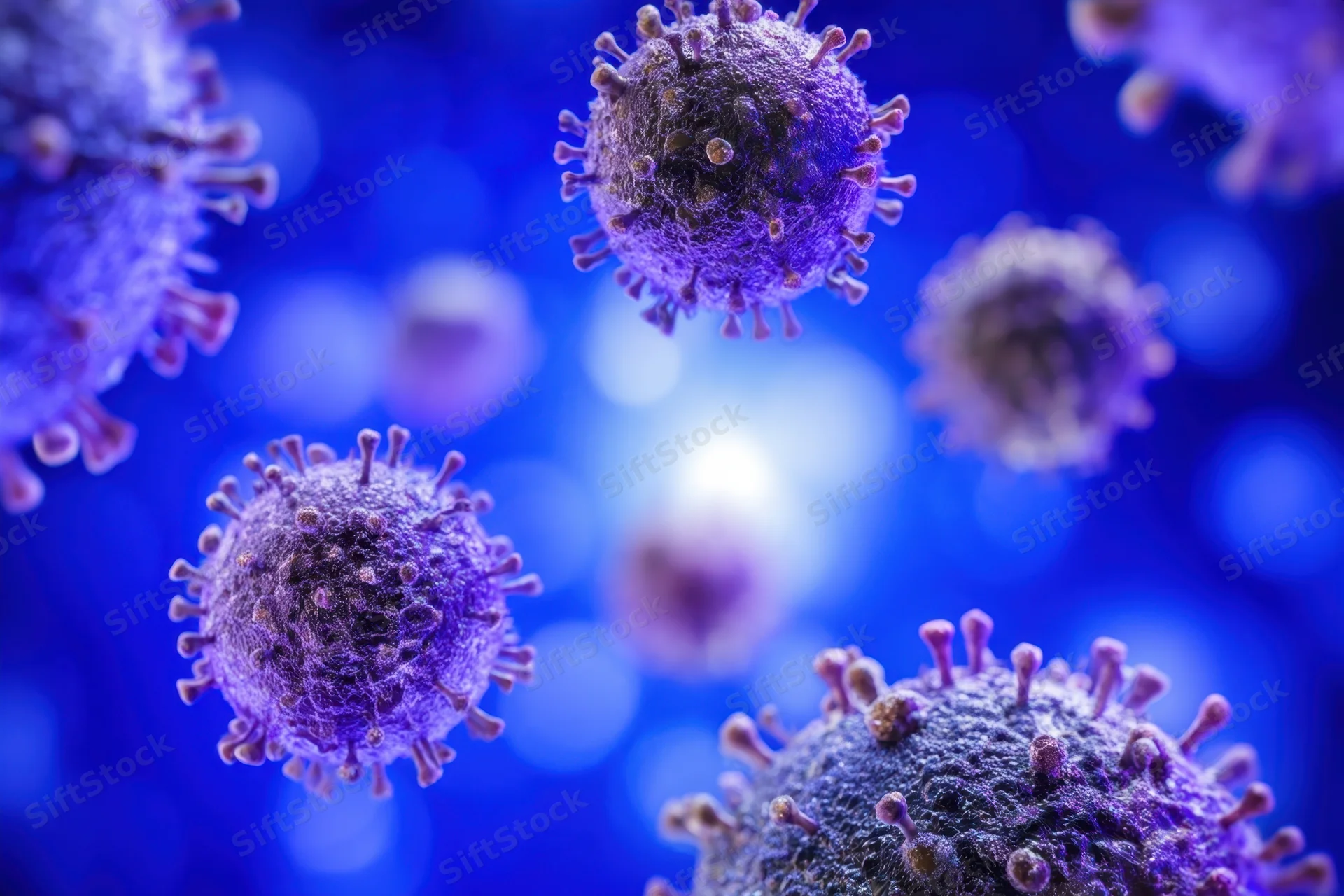 Floating virus particles with spike proteins against a blue background