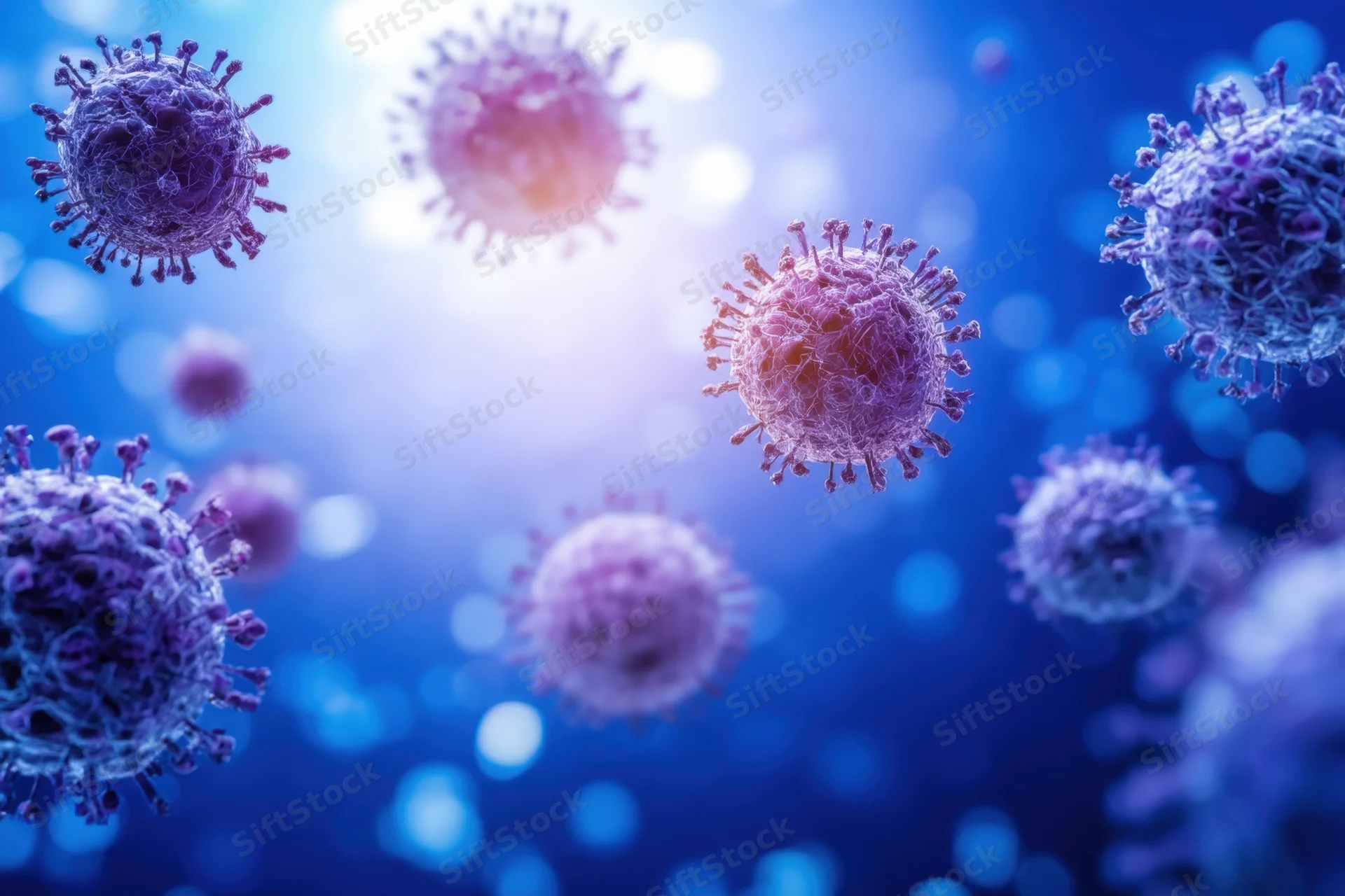 Virus particles floating in a blue glowing background with bokeh light effects