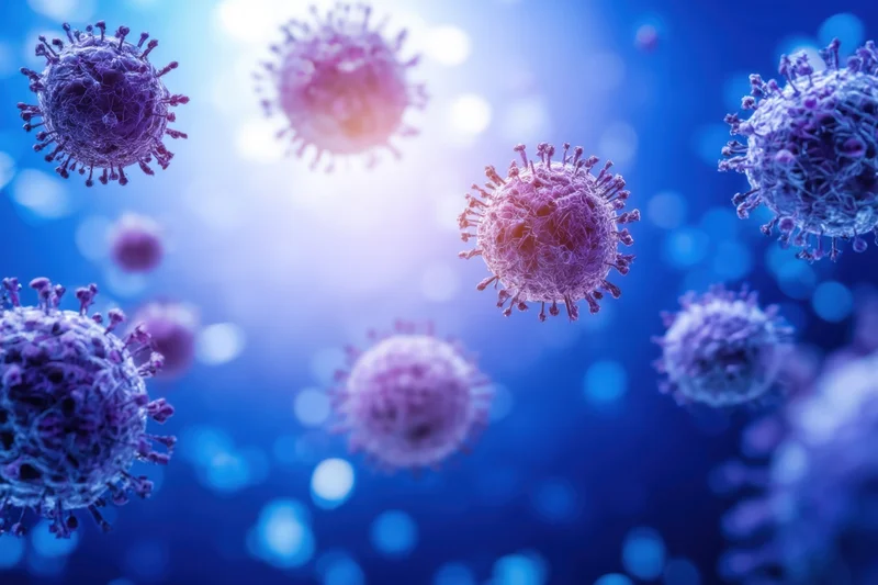 Virus particles floating in a blue glowing background with bokeh light effects