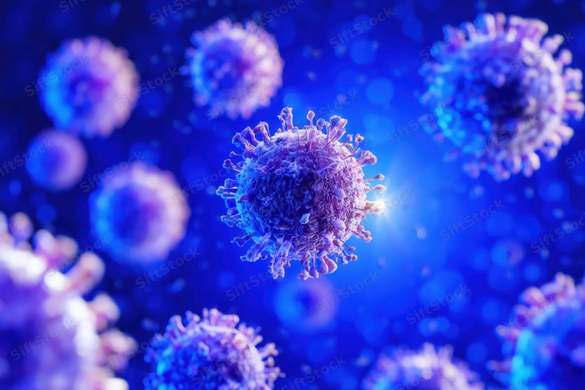 Coronavirus particles floating in a blue glowing background