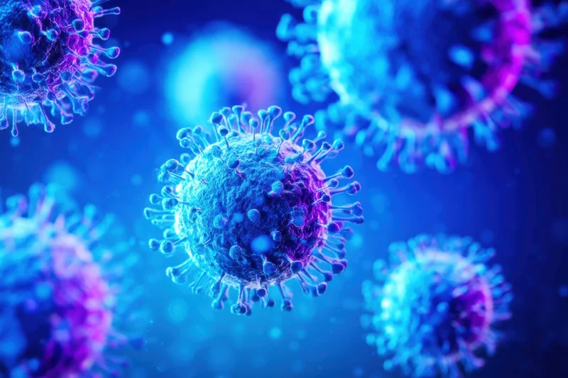 Coronavirus particles floating in a blue and purple microscopic environment