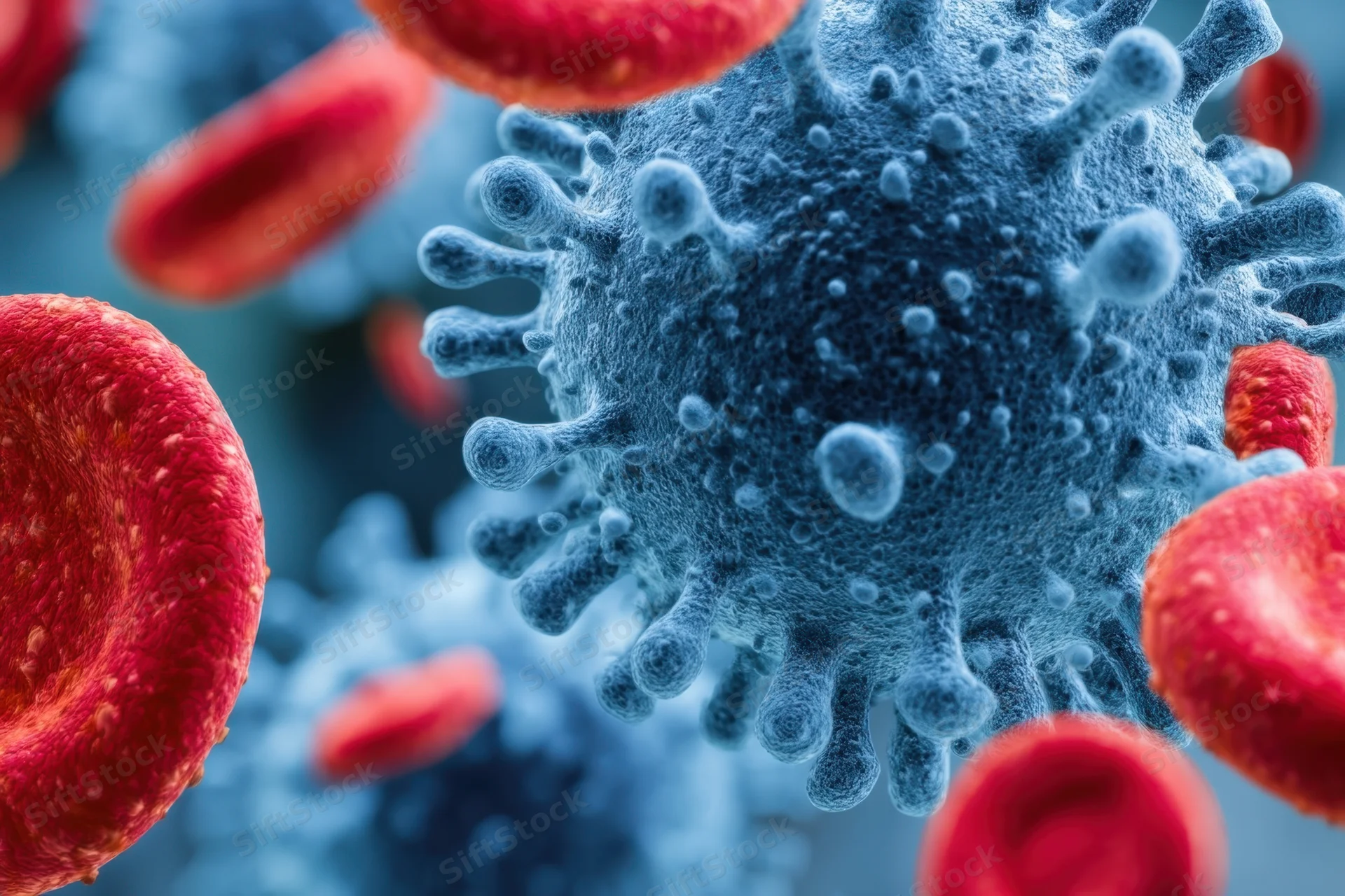Blue virus particle surrounded by red blood cells in a magnified view of the bloodstream