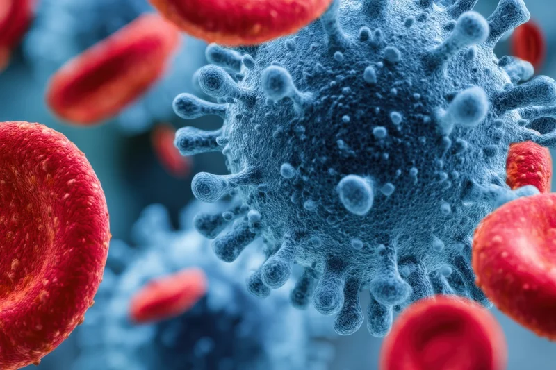 Blue virus particle surrounded by red blood cells in a magnified view of the bloodstream