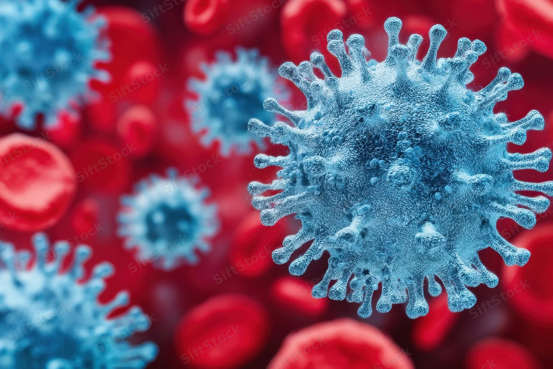 Blue coronavirus particles among red blood cells in a microscopic view