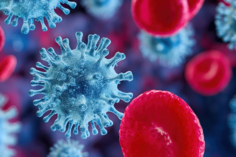 Blue virus particles and red blood cells in a microscopic view