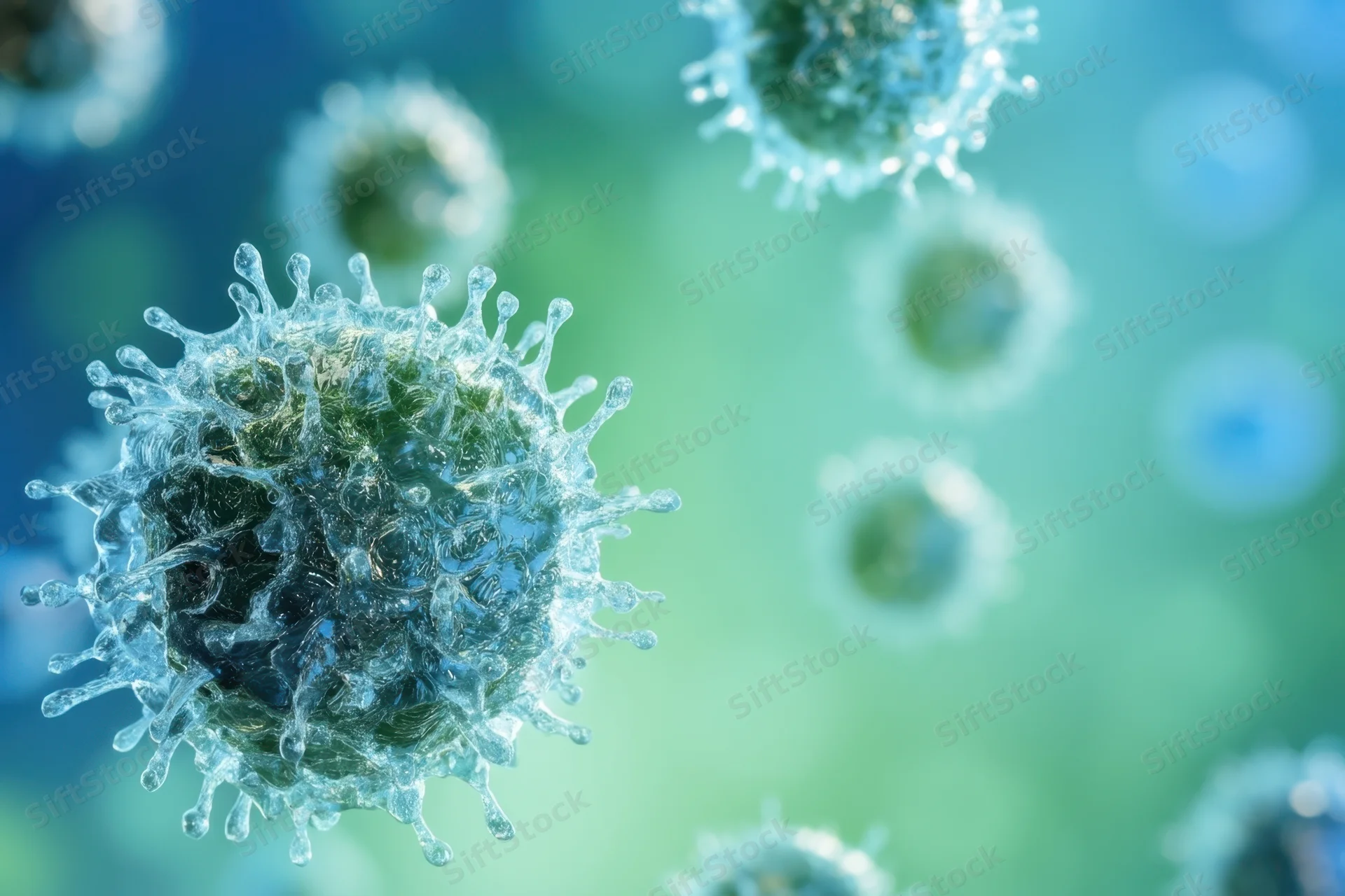 Virus particles with spike proteins floating in a blue-green microscopic environment