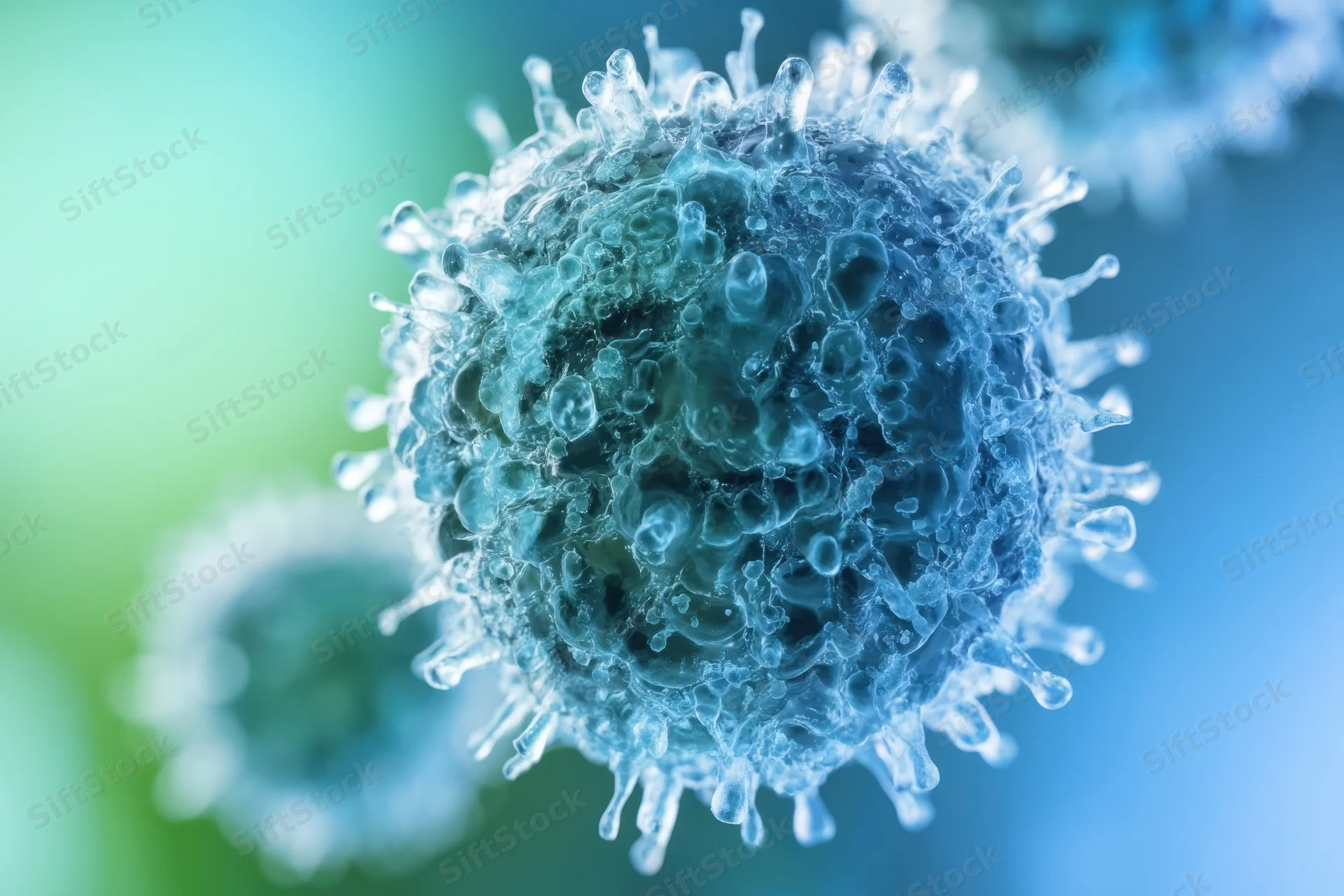 Closeup of a blue virus particle with spike proteins on a green and blue gradient background