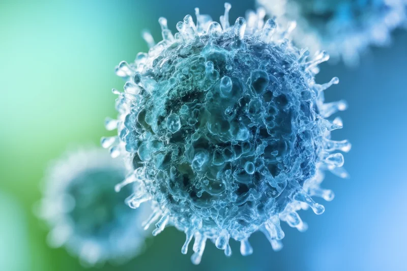 Closeup of a blue virus particle with spike proteins on a green and blue gradient background