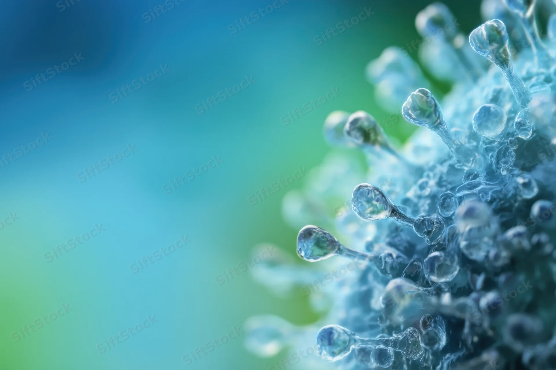 Closeup of a coronavirus particle with spike proteins on a blue-green background