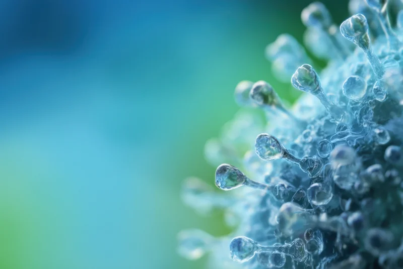 Closeup of a coronavirus particle with spike proteins on a blue-green background
