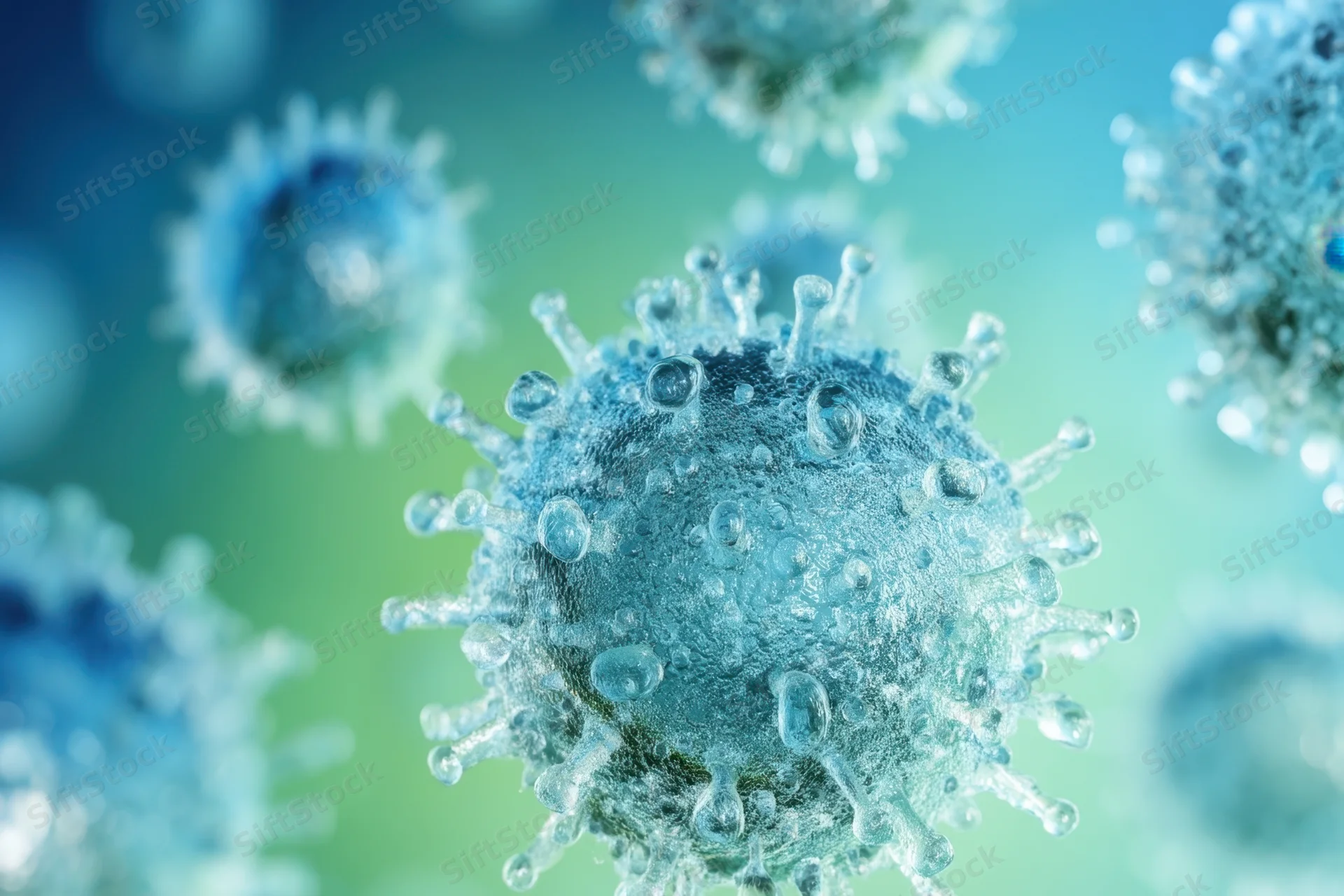 Closeup of a blue spiky virus particle floating in a green-blue gradient background