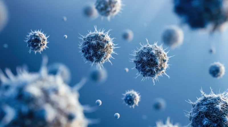 Virus particles with spike proteins floating in blue microscopic view