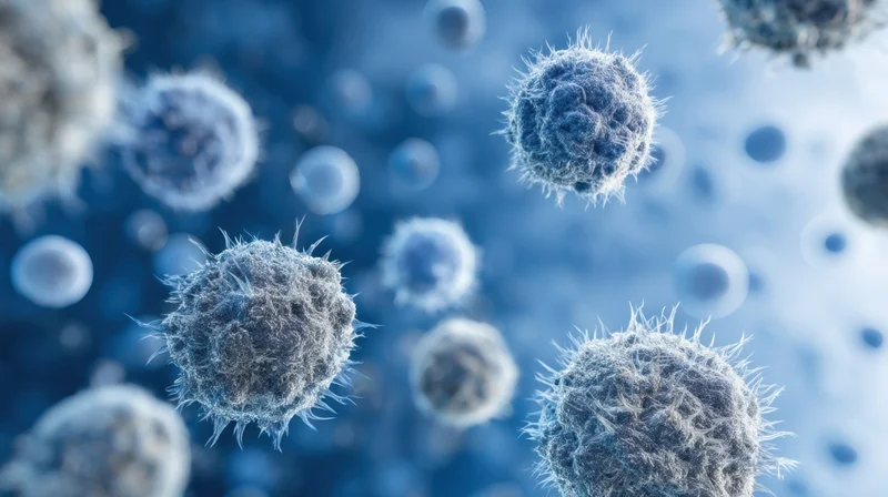 Microscopic view of cells with spiky surfaces floating in blue background