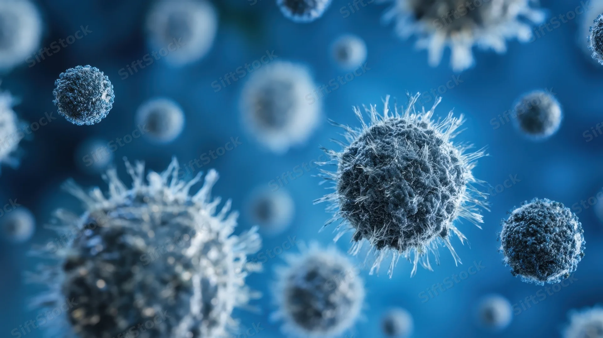 Virus particles with spiky surfaces floating in blue background