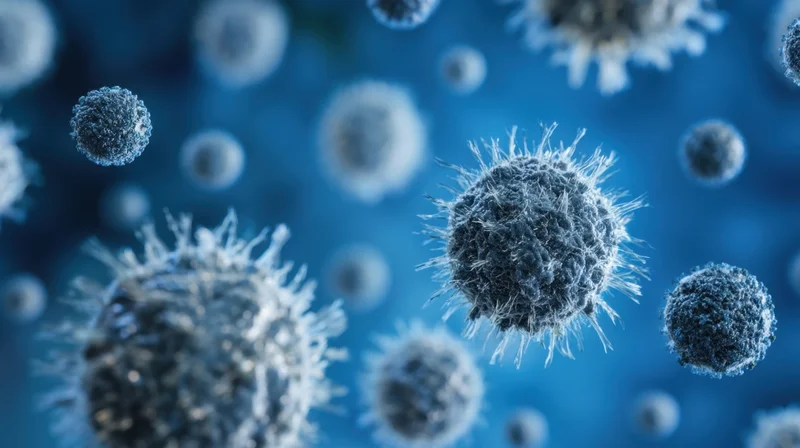 Virus particles with spiky surfaces floating in blue background