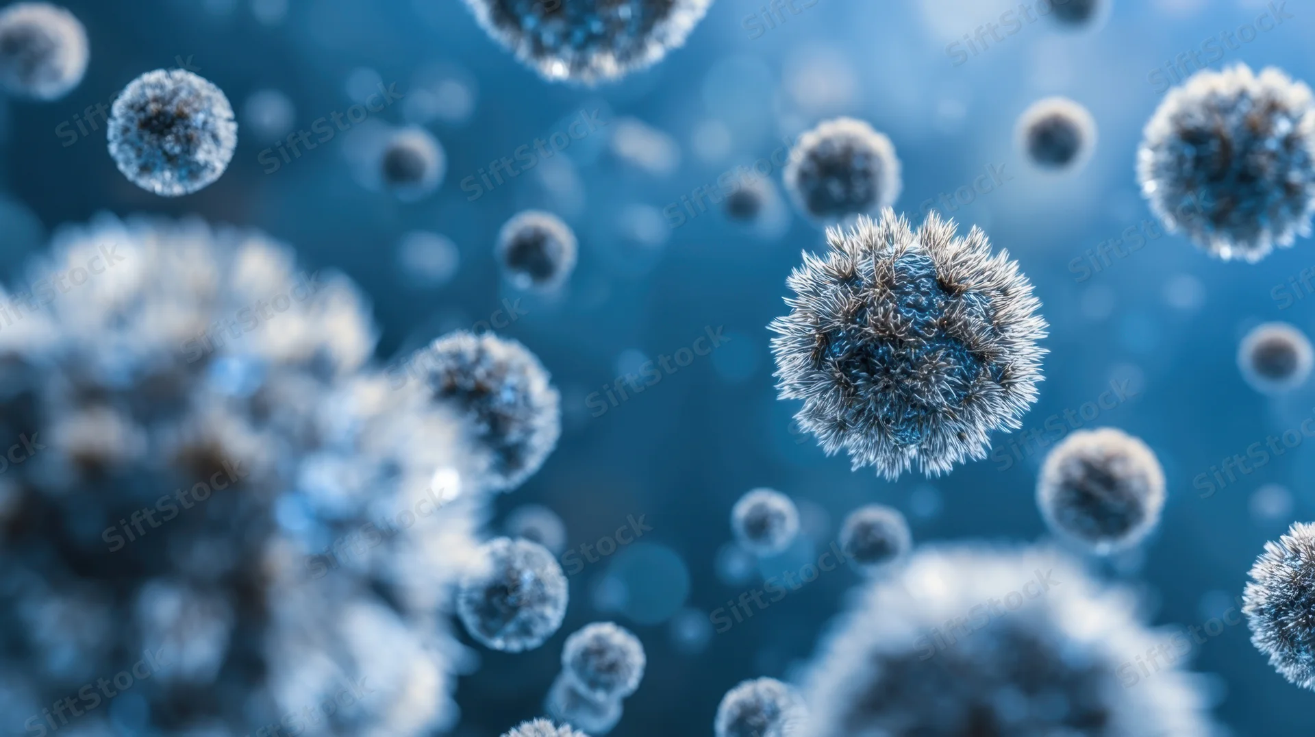 Virus particles floating in blue space, spiky surface, microscopic view