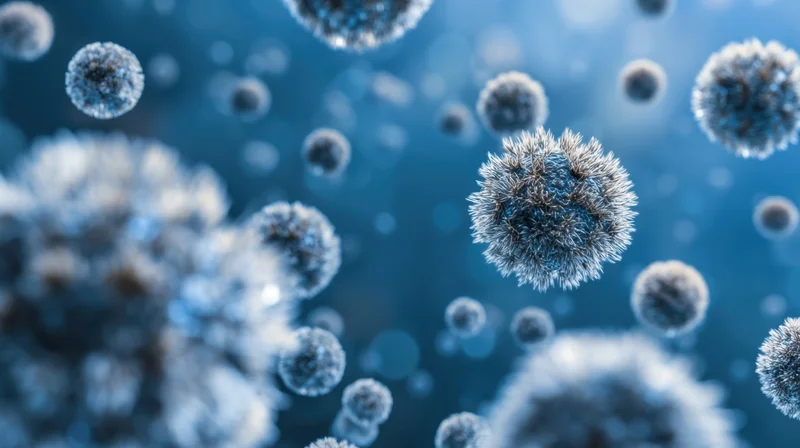 Virus particles floating in blue space, spiky surface, microscopic view