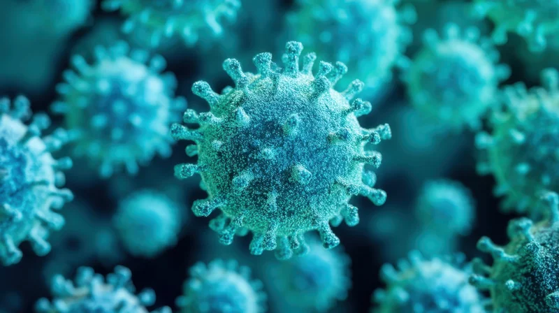 Closeup of a coronavirus particle with spike proteins in a blue-toned digital illustration