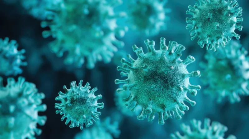 Microscopic view of coronavirus particles with spike proteins floating in blue background