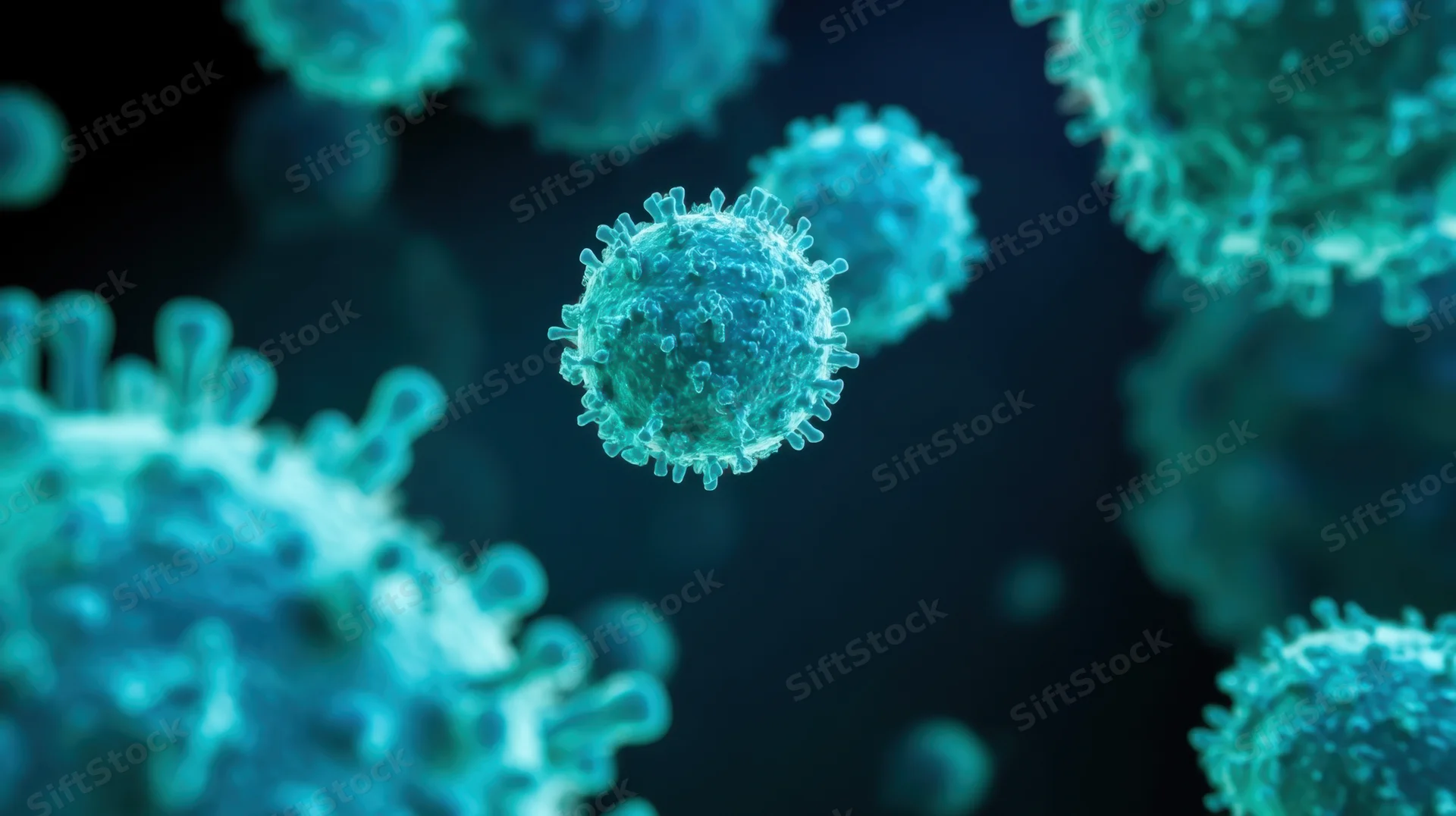 Microscopic view of blue coronavirus particles floating in dark space