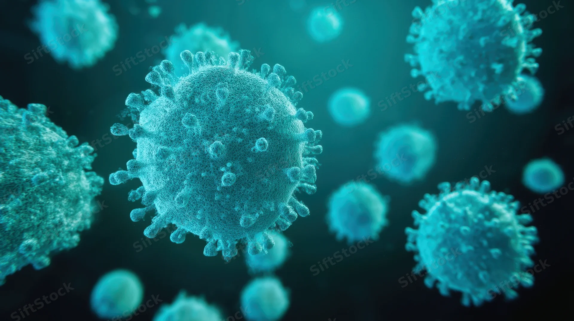 Virus particles floating in a dark blue environment under microscopic view