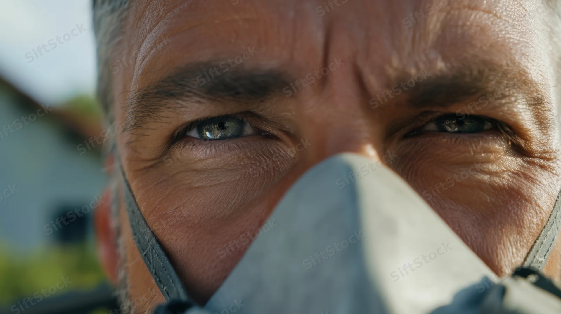 Closeup of a middle-aged man’s face wearing a gray respirator mask, eyes focused and intense, outdoors in daylight