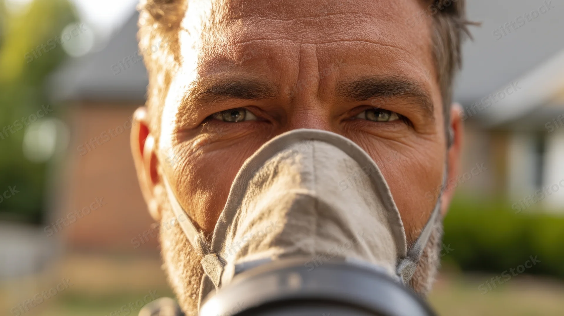 Closeup of a middle-aged man wearing a respirator mask outdoors in a garden setting