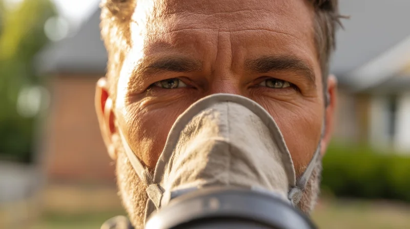 Closeup of a middle-aged man wearing a respirator mask outdoors in a garden setting