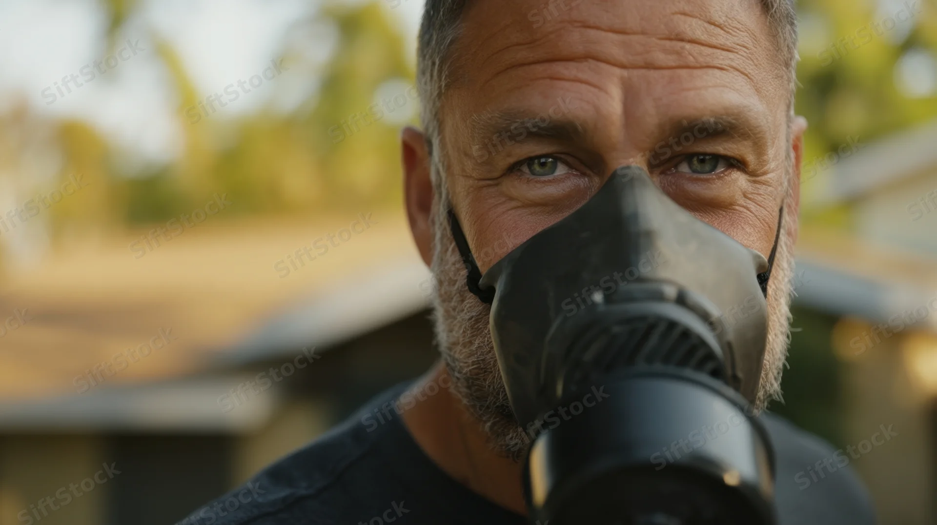 Middle-aged man wearing respirator mask outdoors in a work setting