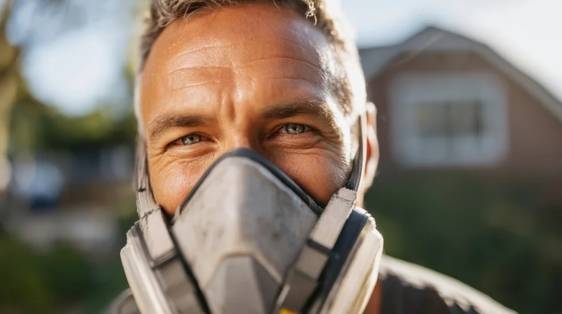 Closeup of a smiling middle-aged man wearing a respirator mask outdoors near a house
