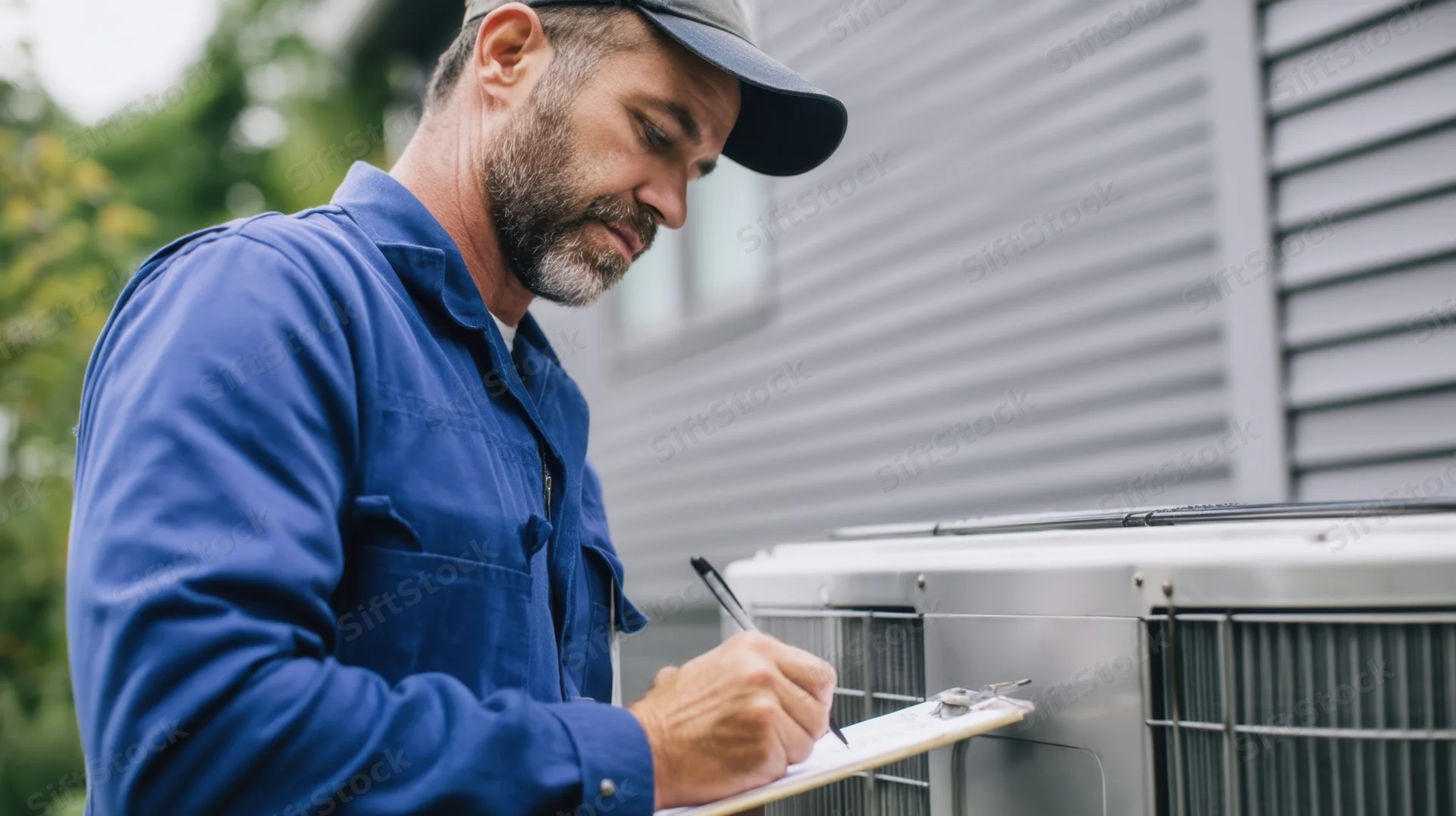 Technician writing on clipboard during air conditioner inspection outside a house