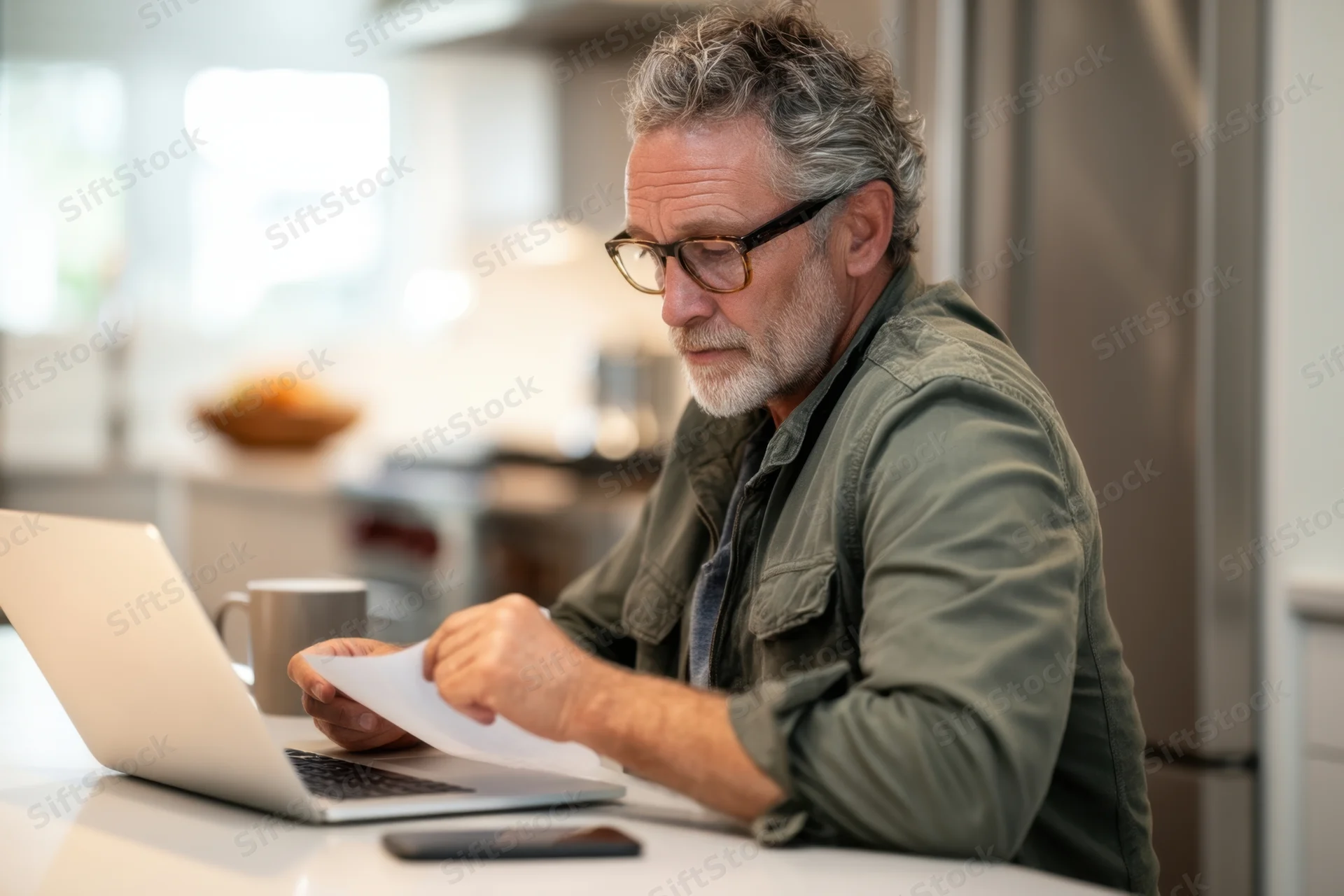 Middleaged man with glasses reading a document at a kitchen countertop beside a laptop