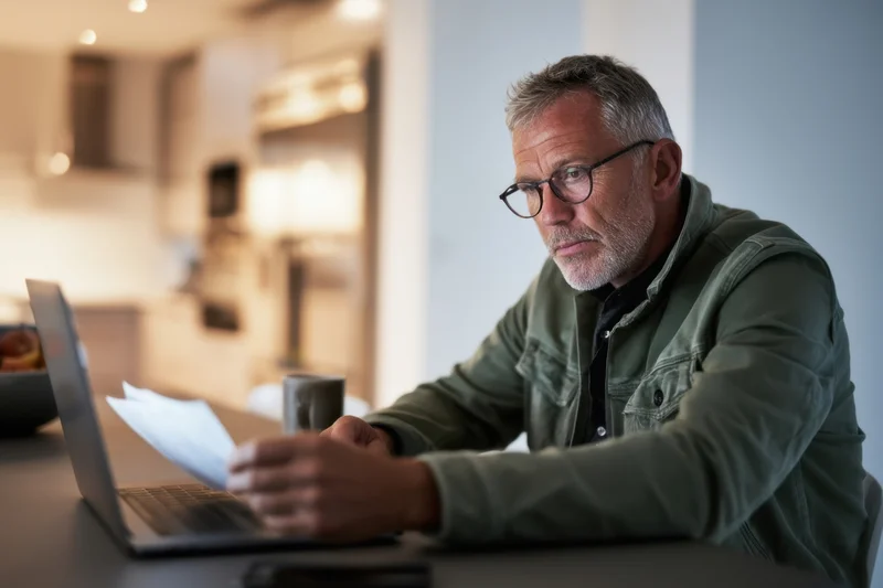 Middle-aged man working on laptop with documents at home office desk