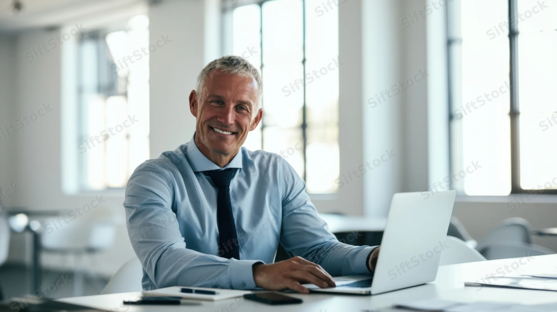 Smiling man in business attire sitting at desk with laptop in modern office