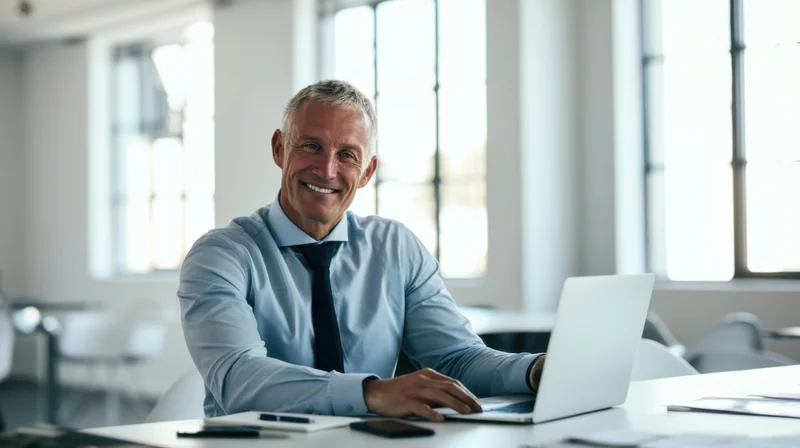 Smiling man in business attire sitting at desk with laptop in modern office