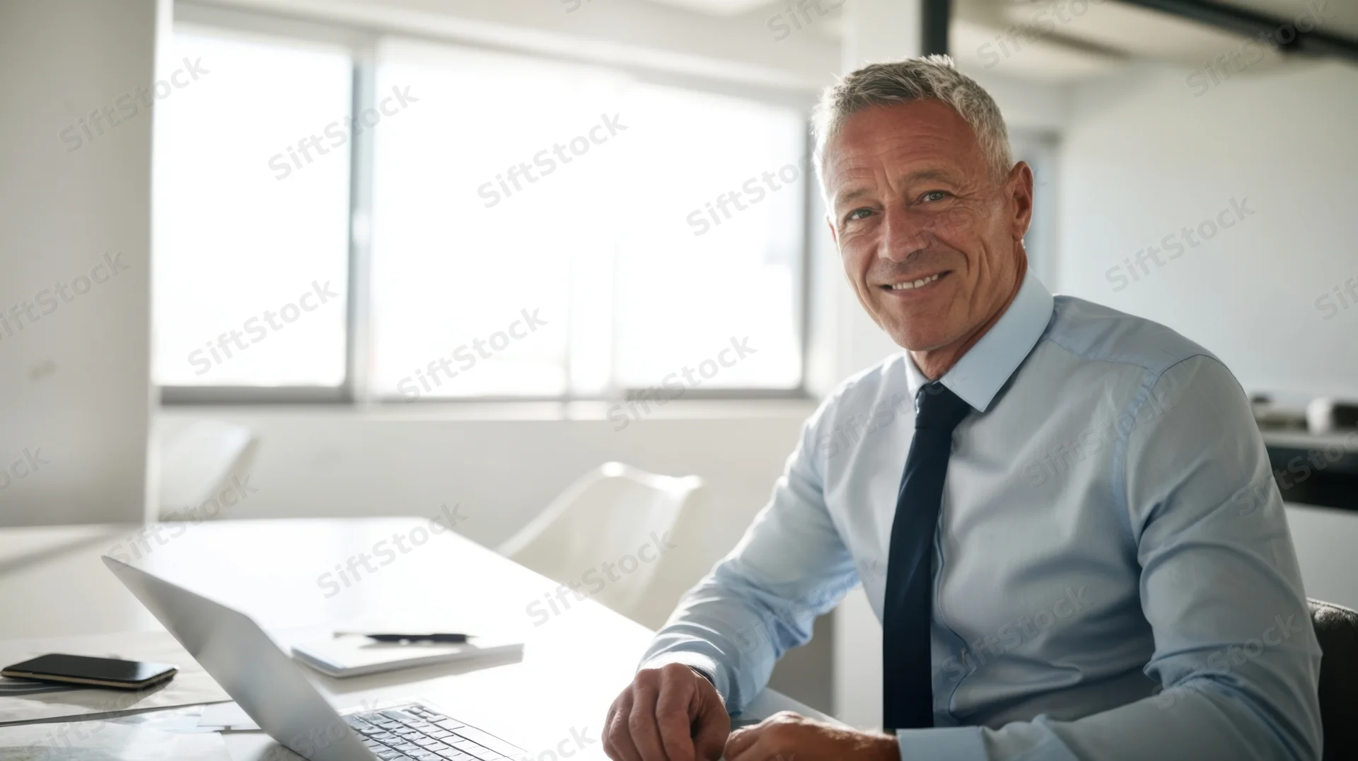 Middle-aged man smiling at camera while sitting at office desk with laptop and smartphone nearby