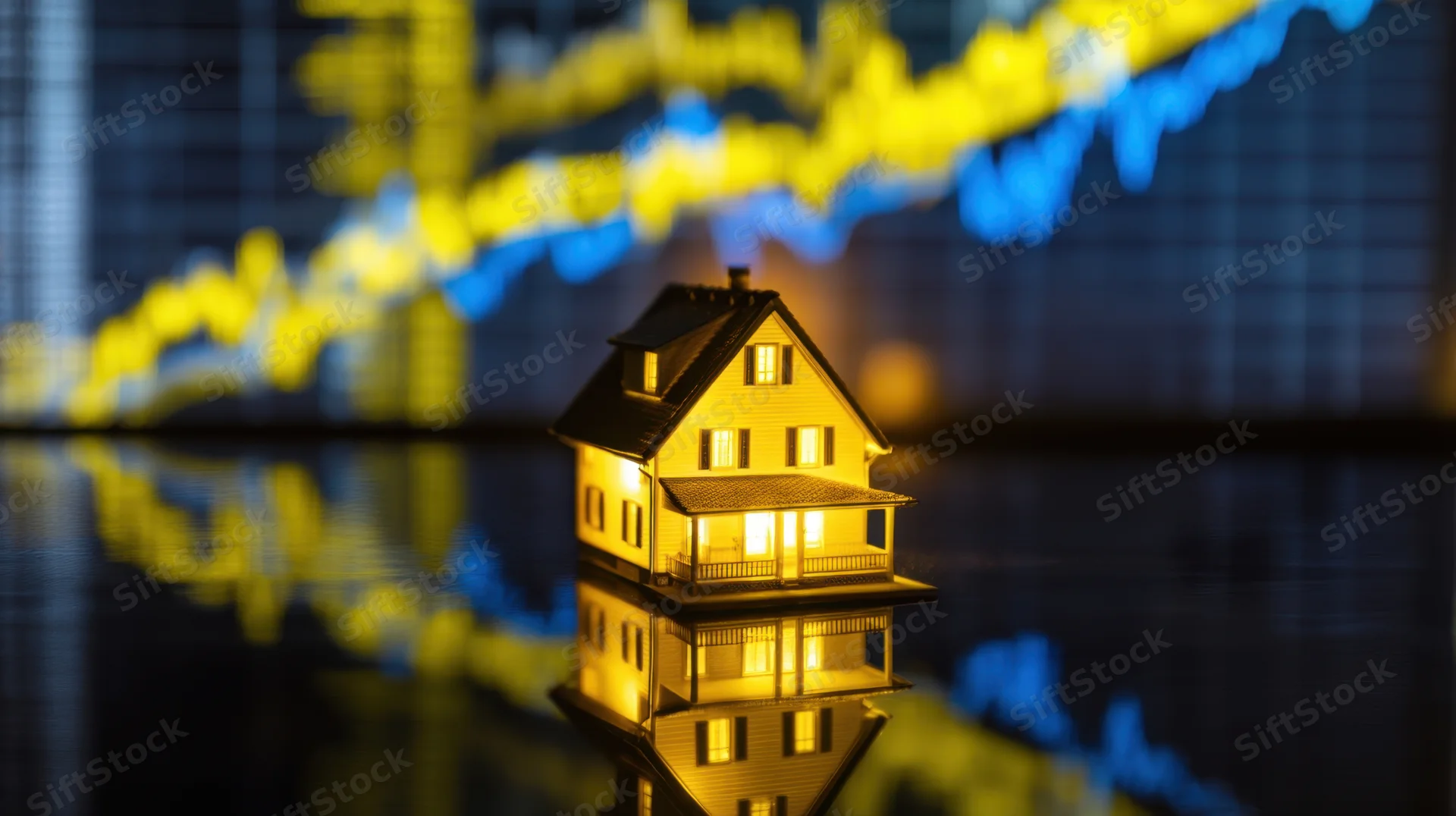Miniature house with glowing windows on reflective surface in front of financial chart display