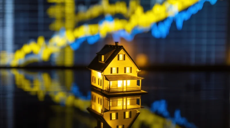 Miniature house with glowing windows on reflective surface in front of financial chart display