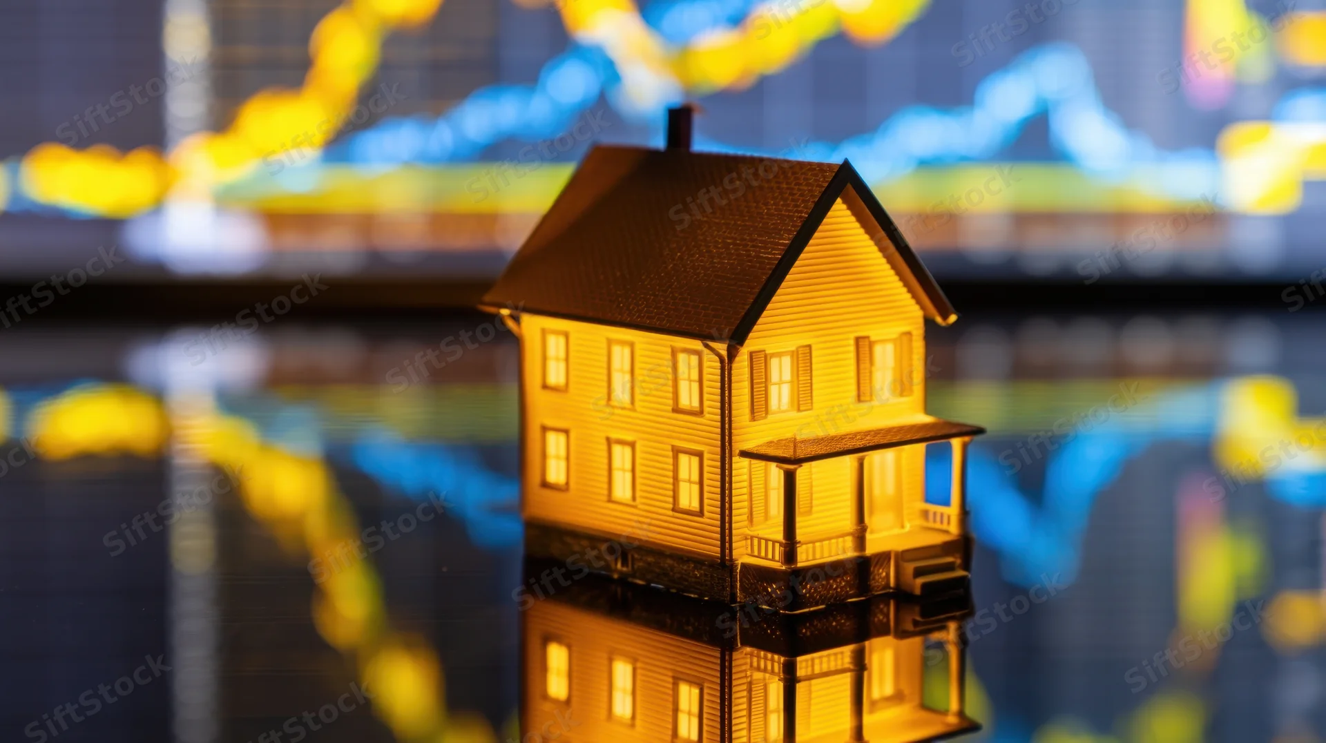 Miniature house model with glowing windows on reflective surface in front of blurred financial charts
