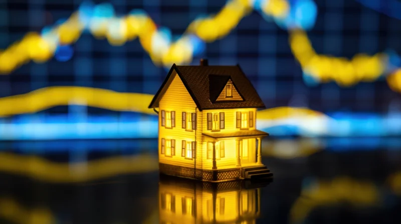 Illuminated miniature house on reflective surface with financial chart in background